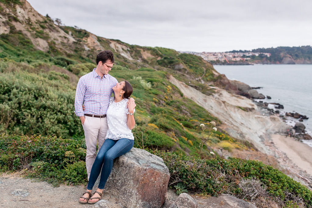 engagement photo on ocean mountain side