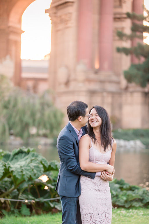 engagement photo in front of the Palace of Fine Arts rotunda