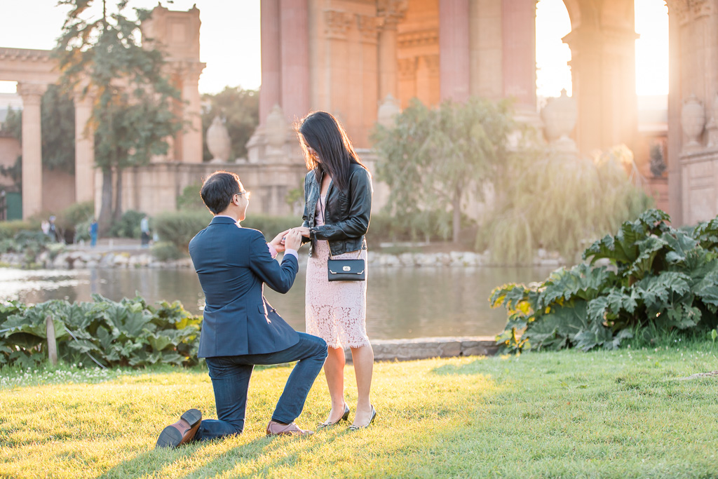 he surprised her with a beautiful diamond ring under the gorgeous sunset lighting