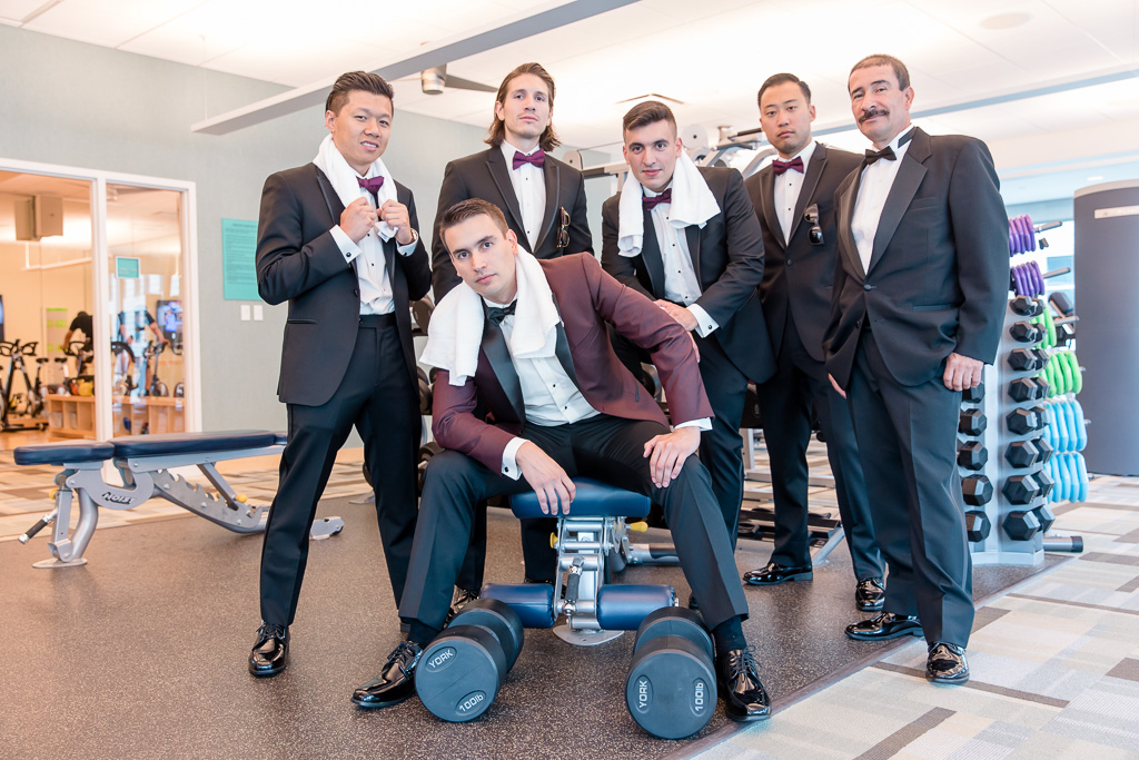 funny groomsmen photo at the gym
