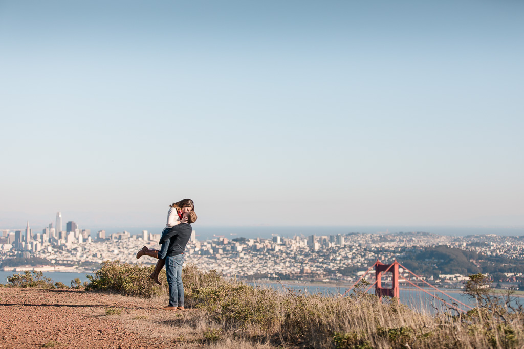 engagement photo session on top of San Francisco Bay and Golden Gate Bridge