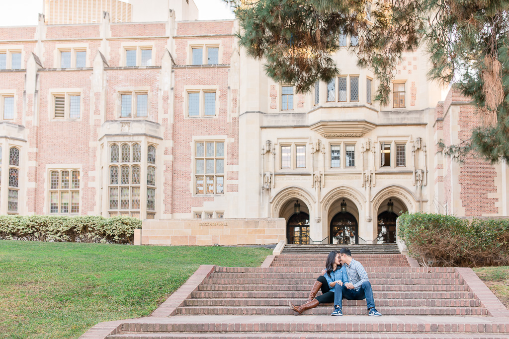 UCLA engagement photo in front of Kerckhoff Hall
