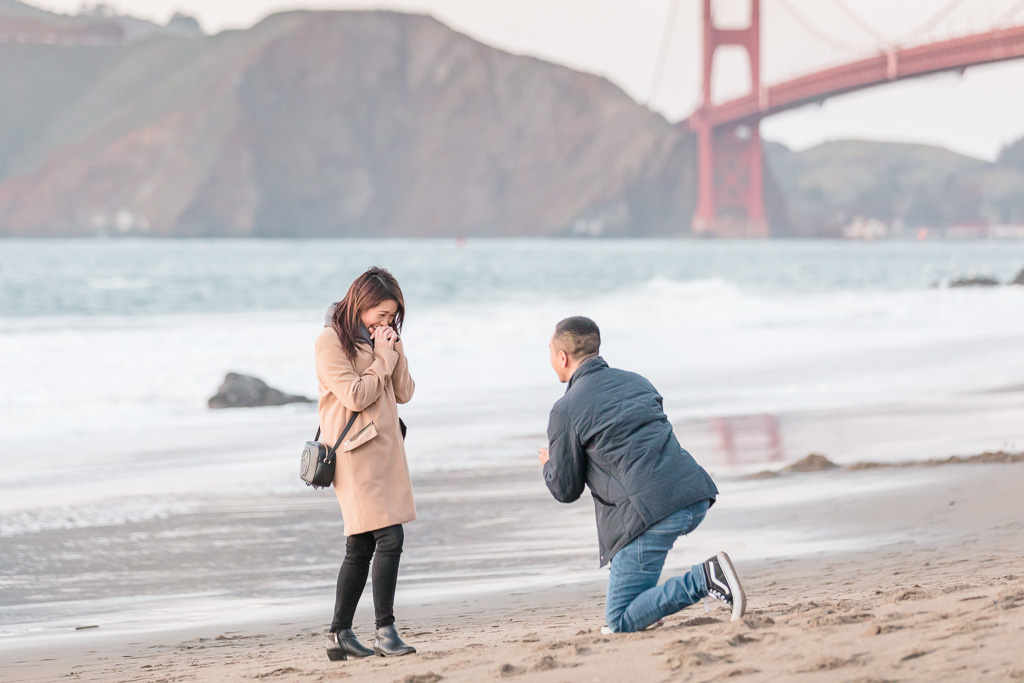 surprise proposal at Marshall's Beach in San Francisco