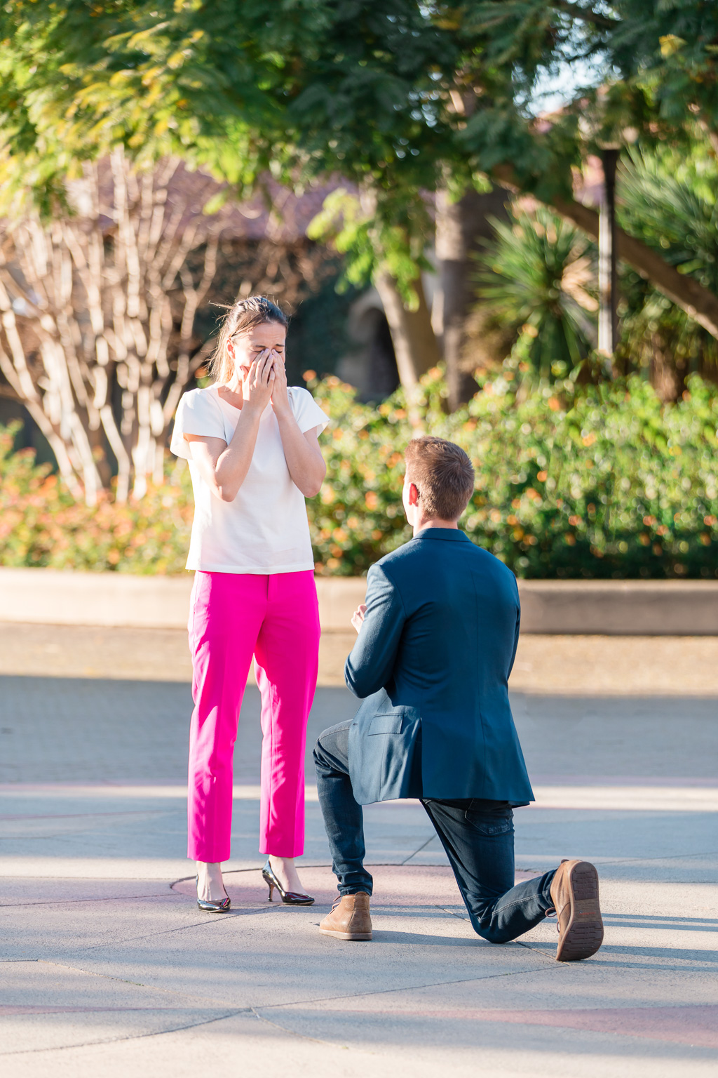 surprise marriage proposal at Stanford main quad