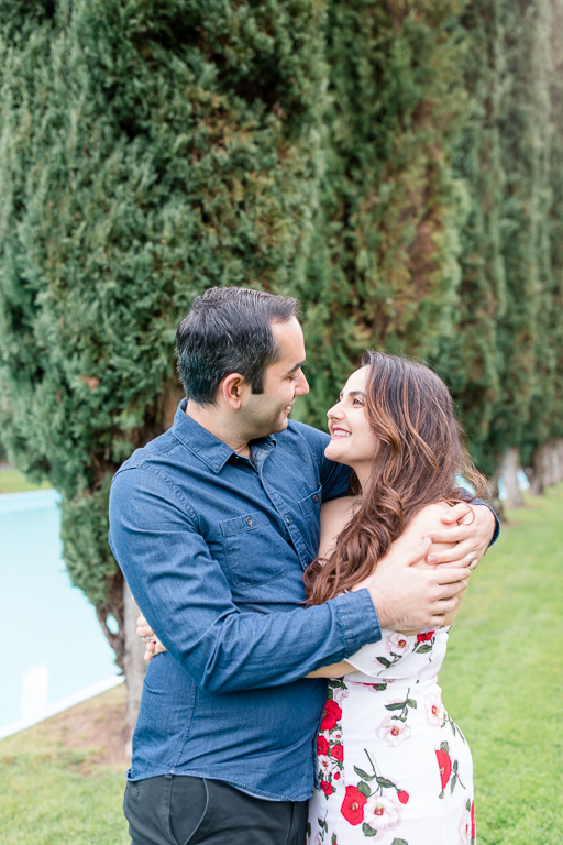 couple celebrating their one year engagement at the pulgas water temple