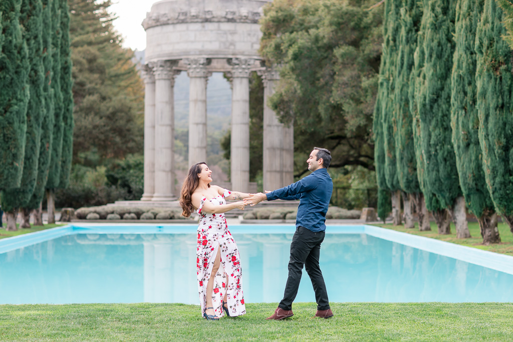 couple recreating their wedding first dance at the pulgas water temple