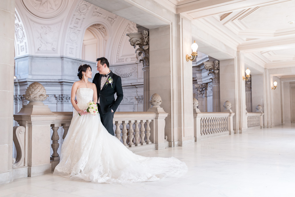 San Francisco City Hall romantic portrait of bride and groom