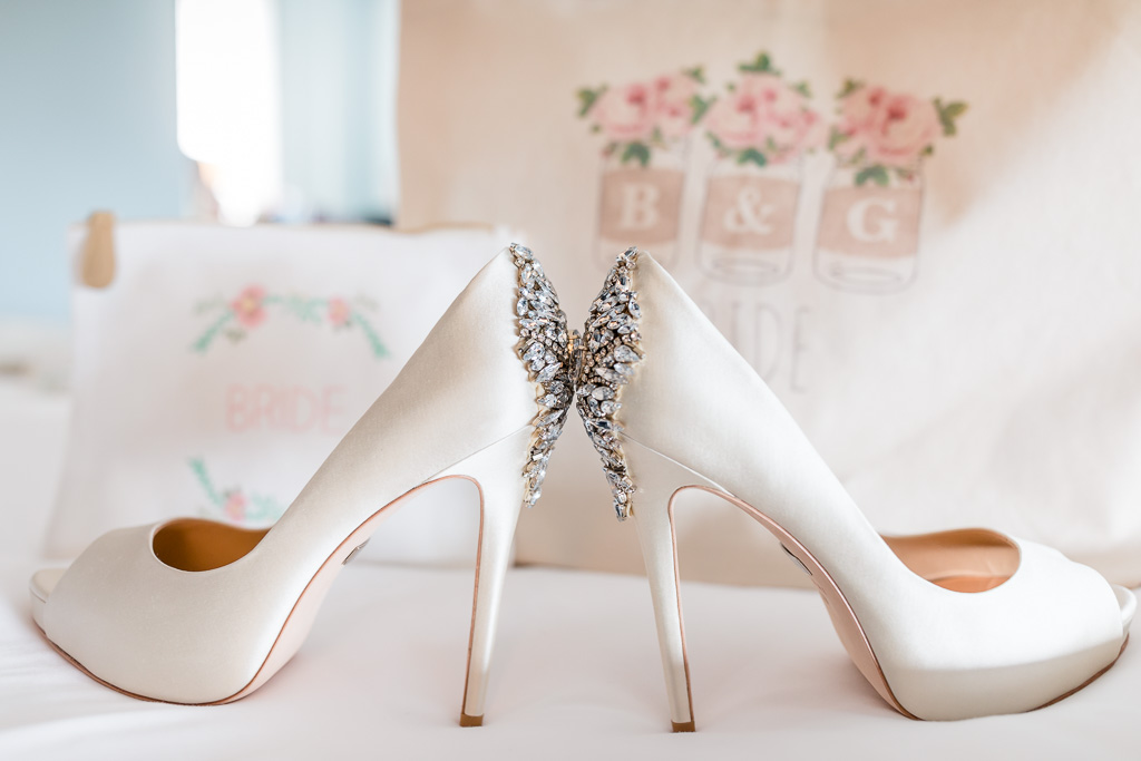 bridal shoes and customized bridal tote bag