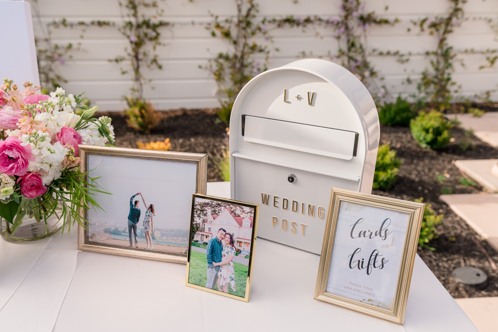 wedding card box and gift table with photos