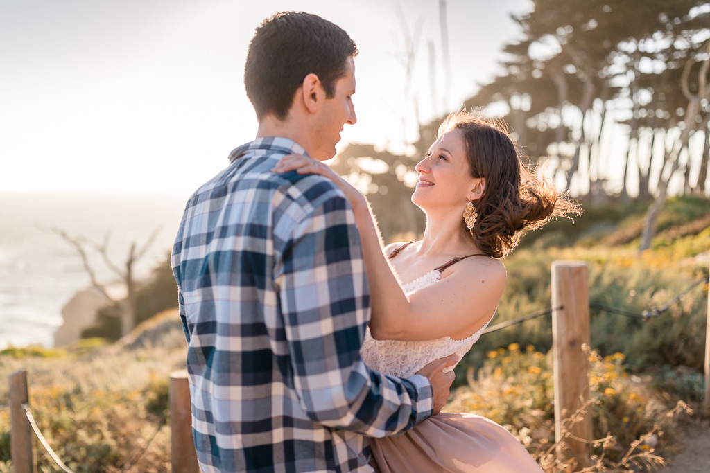 Engagement photo with the cypress tress in San Francisco