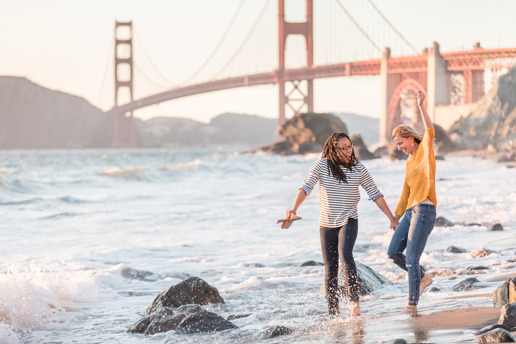 Marshall's Beach engagement photo with Golden Gate Bridge in the background