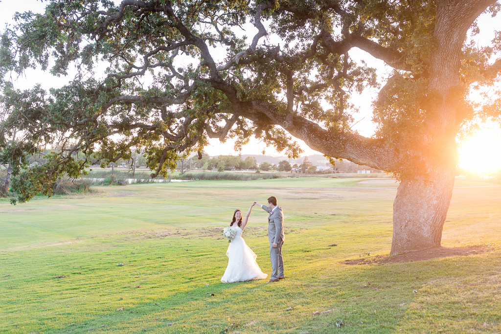 ultra romantic Napa valley summer wedding out on a open field with golden sunlight hitting on a giant oak tree