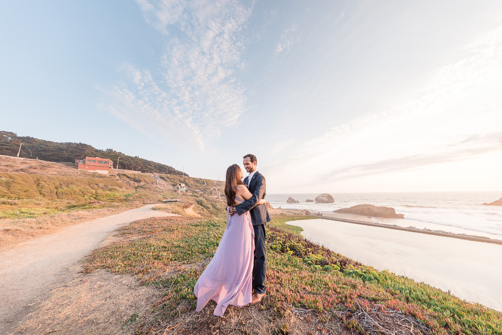 dramatic sunset engagement picture of the couple at lands end