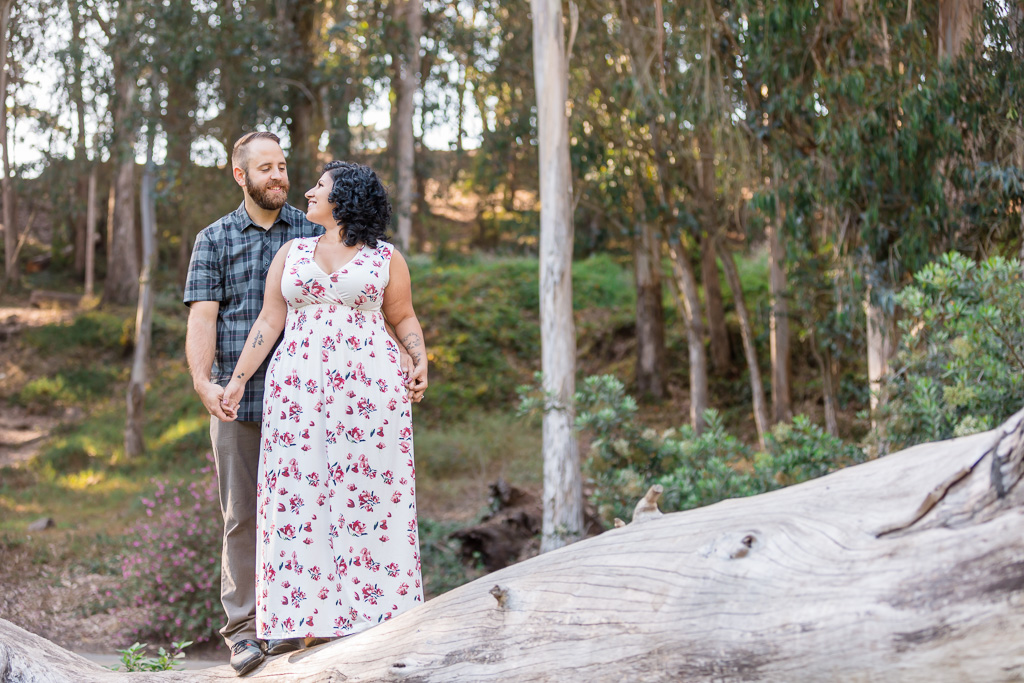 San Francisco save-the-date engagement photo on a giant tree