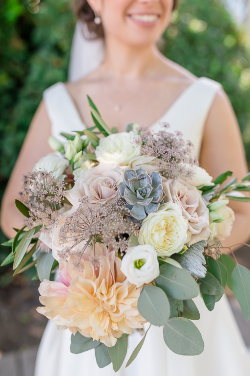 pastel color soft and romantic bridal bouquet at Vine Hill House wedding