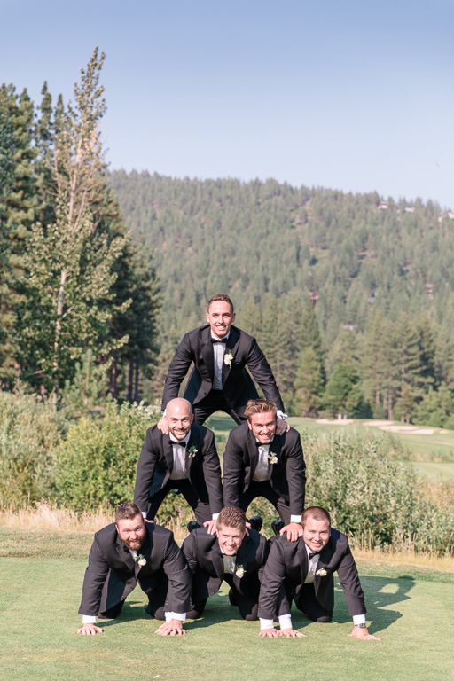 groomsmen human pyramid - Lake Tahoe wedding