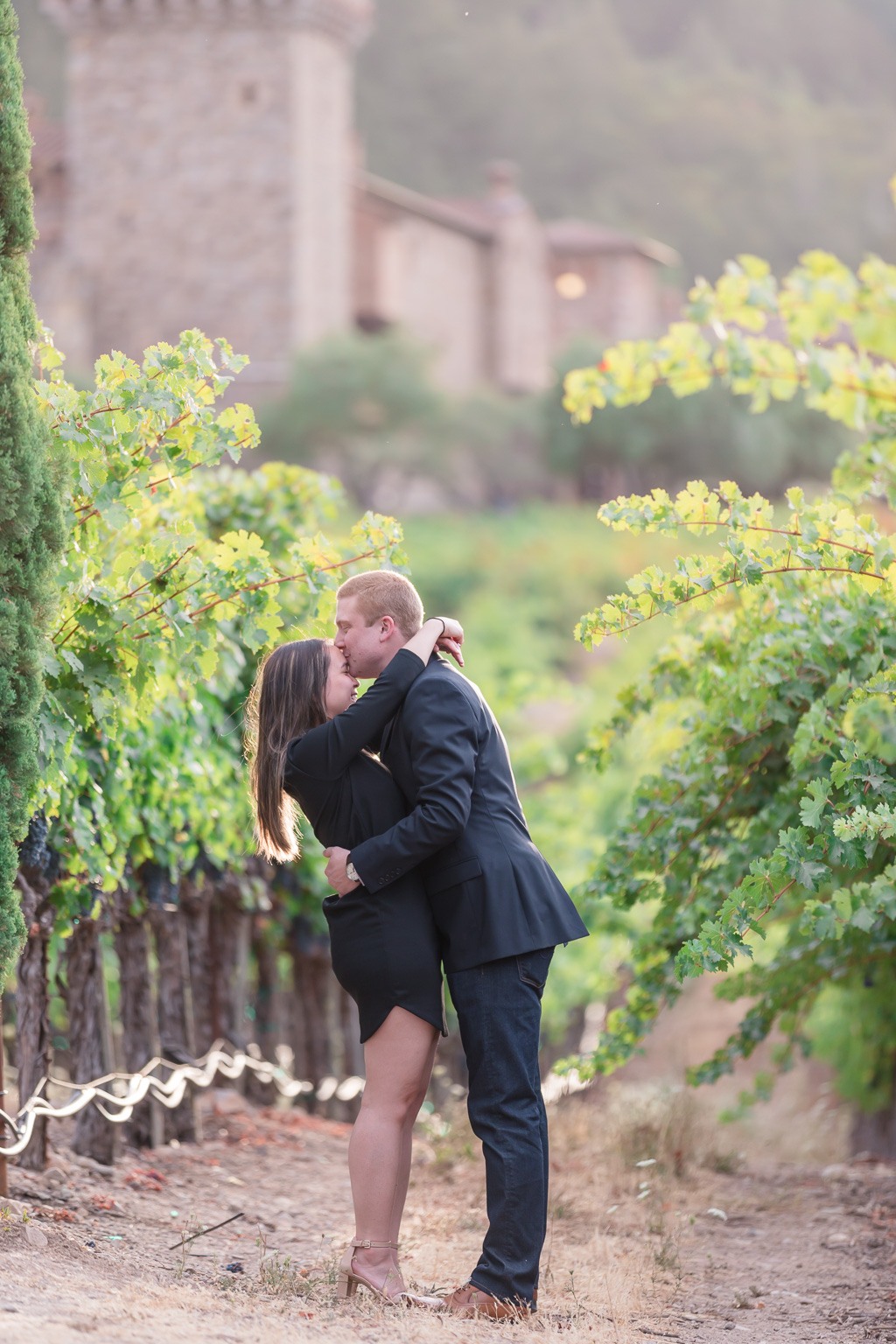 grand Napa castle winery makes the perfect backdrop for a surprise engagement