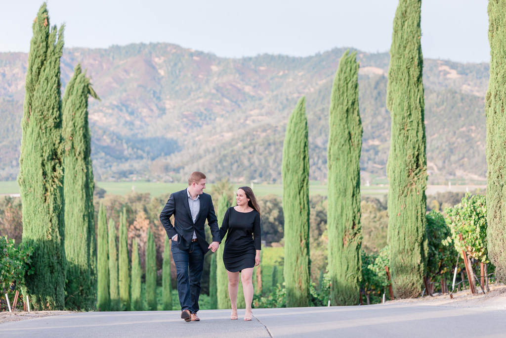engagement portrait in castello di amorosa winery with mountains in the background