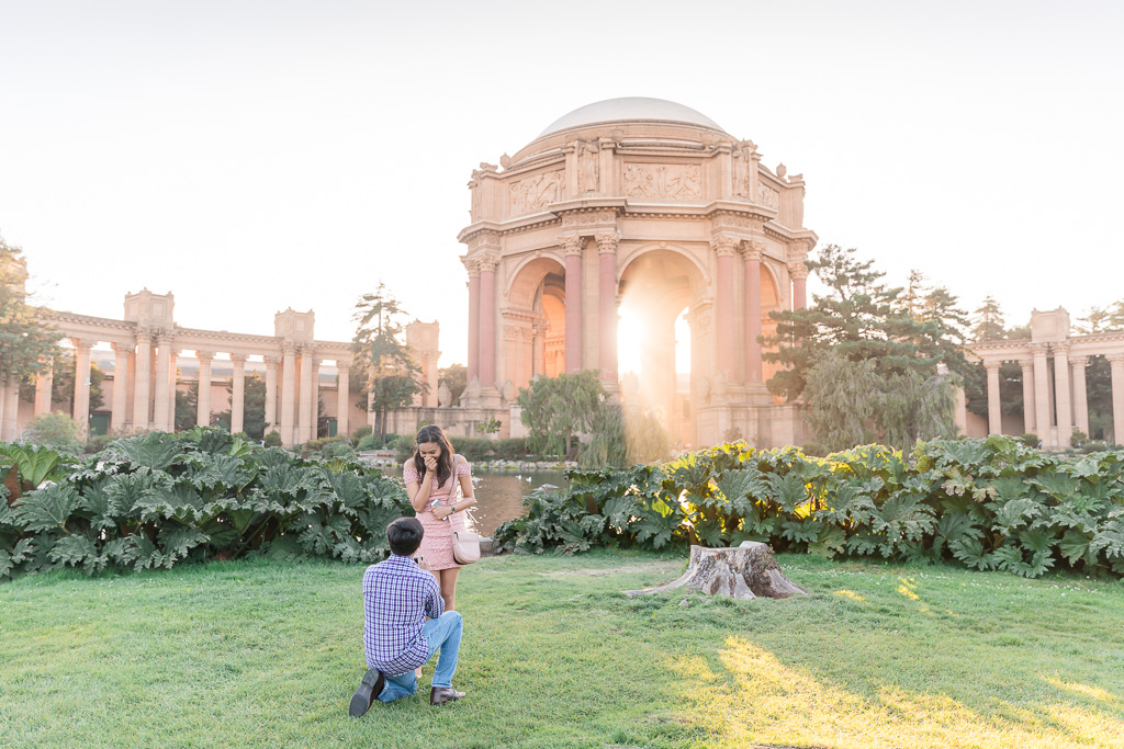 ultra romantic Palace of Fine Arts surprise proposal during sunset