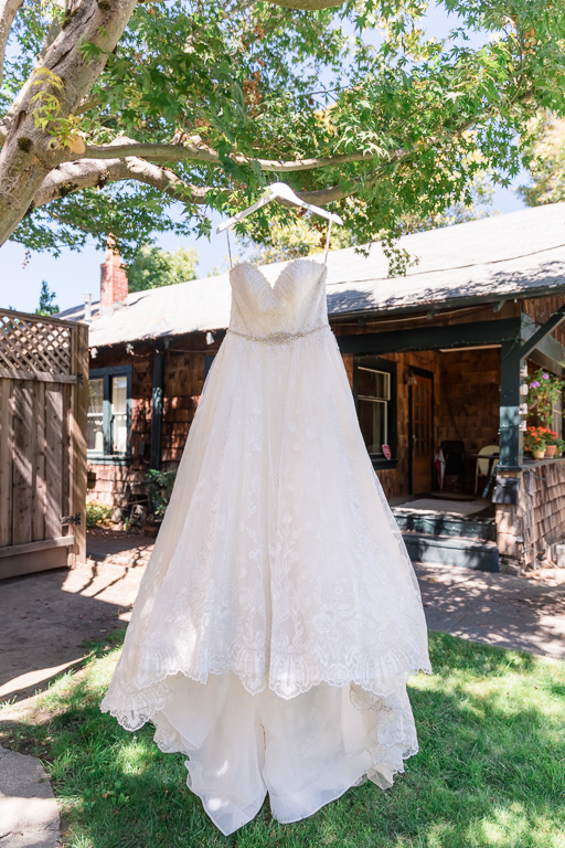 wedding gown hanging on a tree