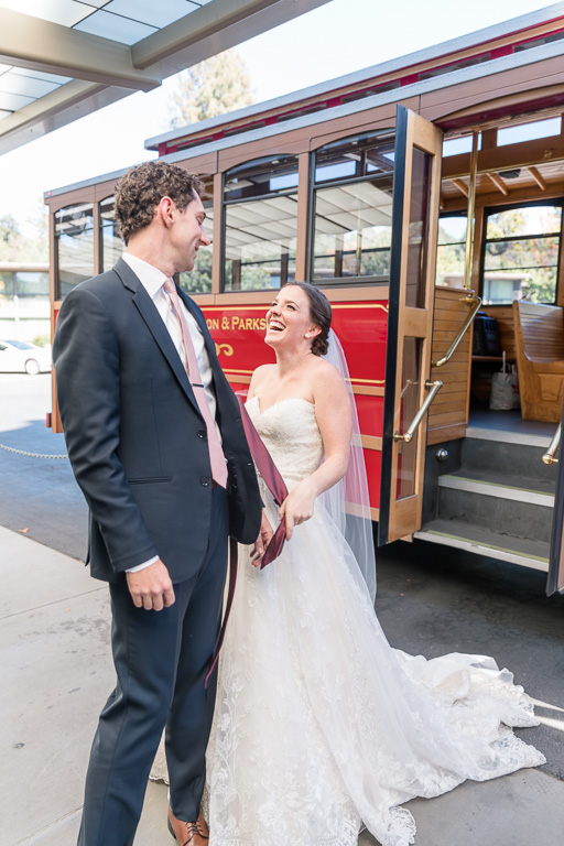Santa Rosa wedding first look in front of a streetcar