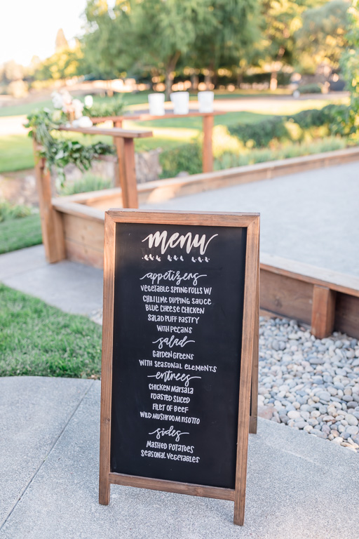 calligraphy chalkboard menu sign at a Santa Rosa outdoor wedding