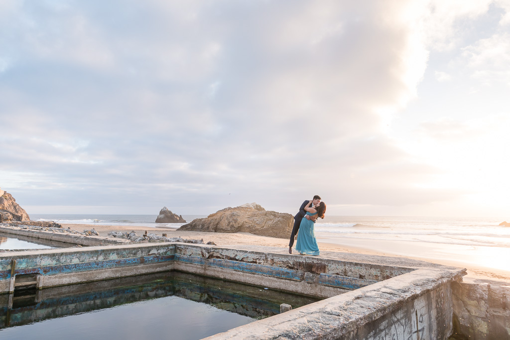 wide angle engagement photo at Sutro Baths