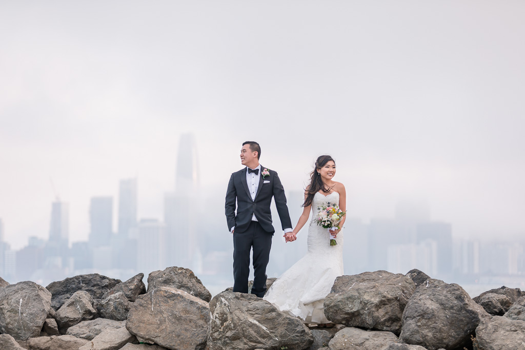Treasure Island wedding photo overlooking San Francisco city skyline