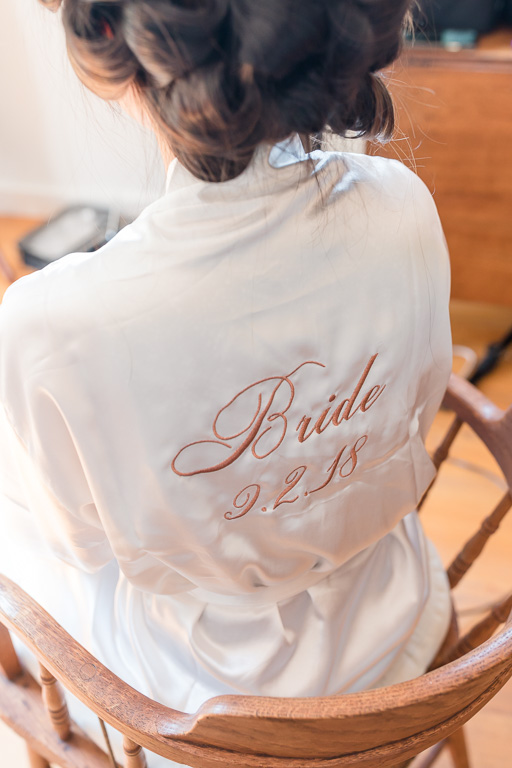 custom embroidered bride getting ready gown with wedding date embroidery