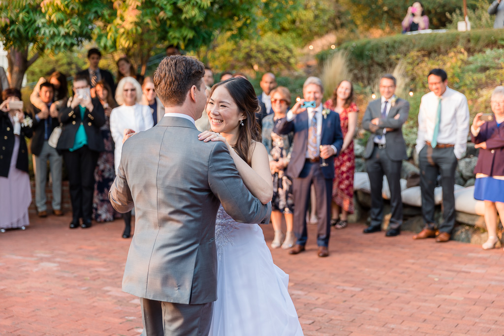 bride and groom first dance at Tiburon Landmarks Art & Garden Center