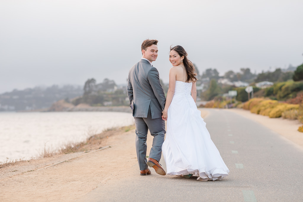wedding day portrait along Tiburon San Francisco Bay shoreline
