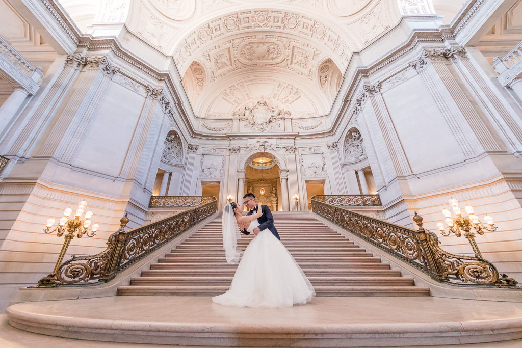 San Francisco City Hall grand staircase dip kiss photo