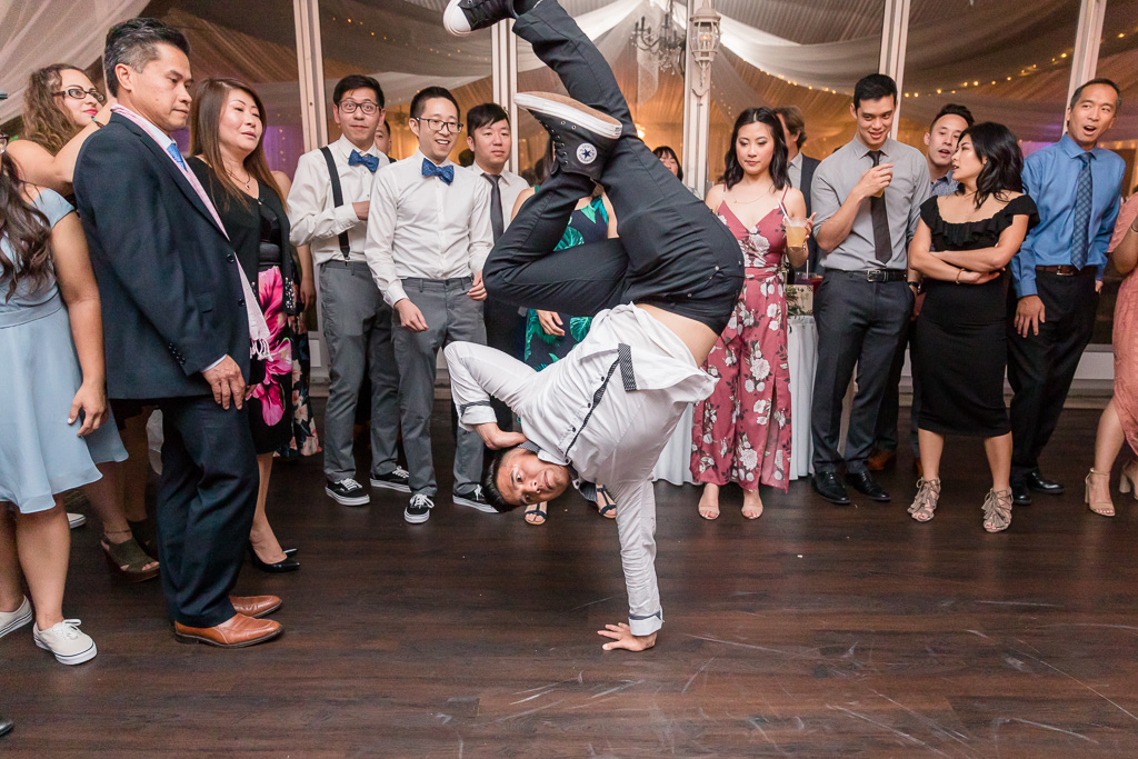 great break dancing handstand on wedding dance floor