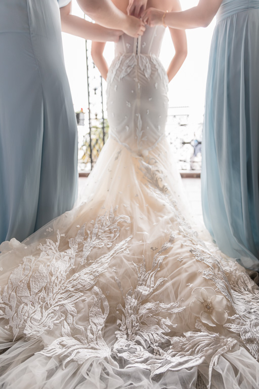 back of elegant Idan Cohen illusion bodice elegant wedding gown train