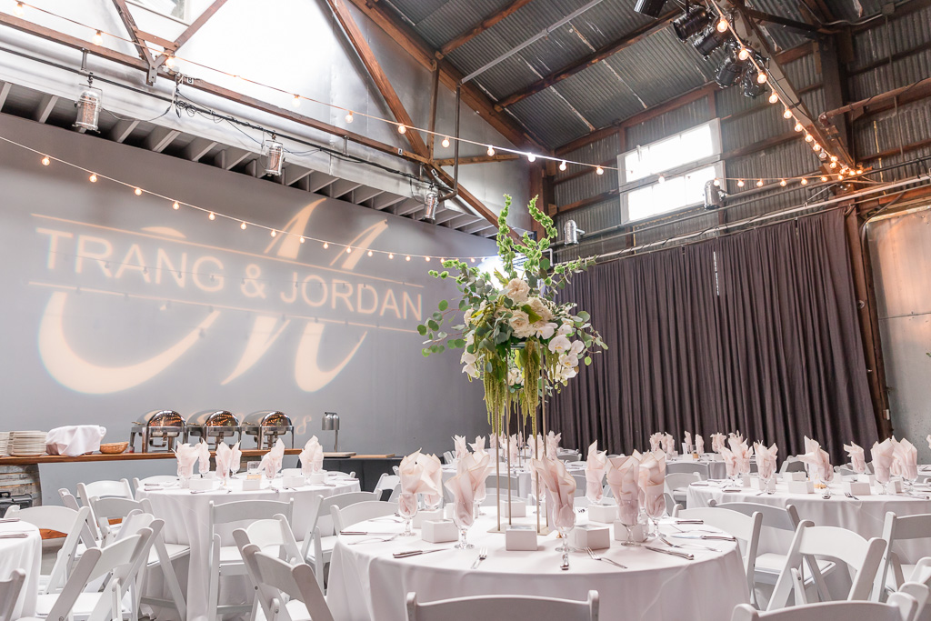The Winery SF wedding wall projection lighting for bride and grooms names