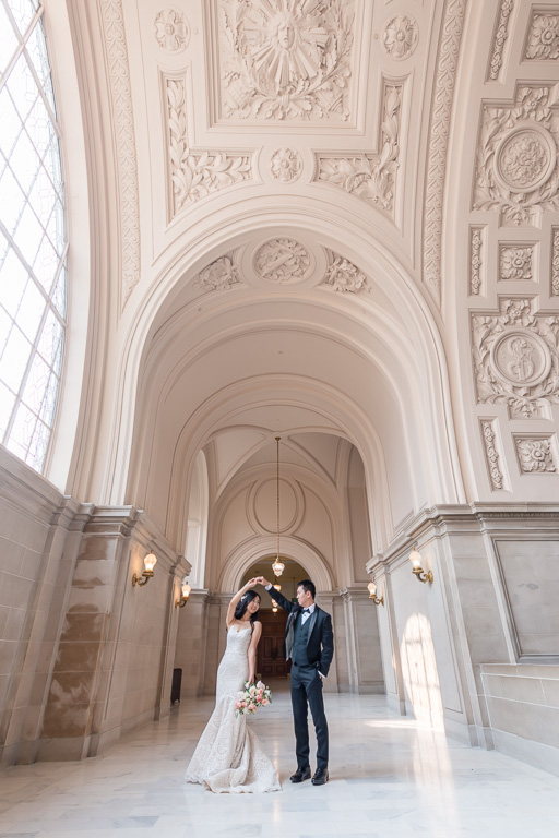 dramatic San Francisco City Hall pre-wedding photo