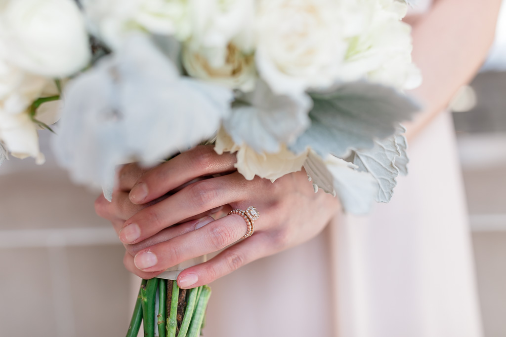 close-up of the ring and bouquet