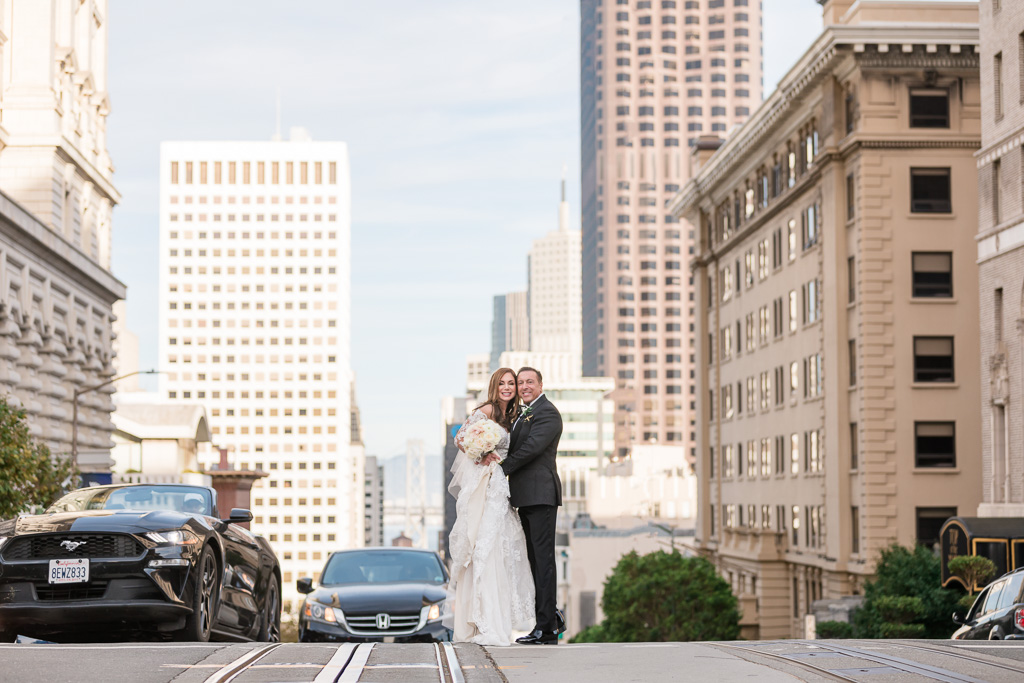 urban wedding portrait on a busy San Francisco street