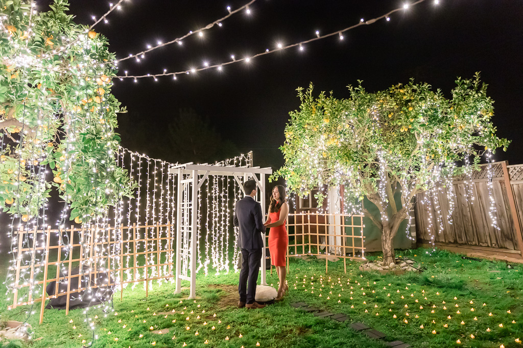 San Mateo surprise proposal at couple's backyard decorated with romantic lights