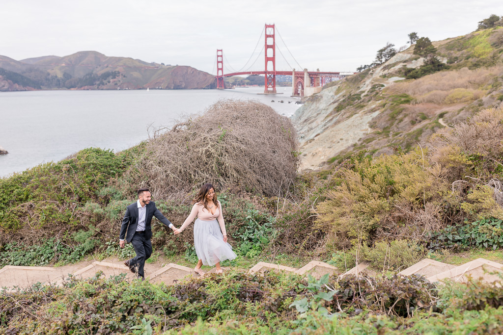 beautiful engagement photo on golden gate bridge hiking trail