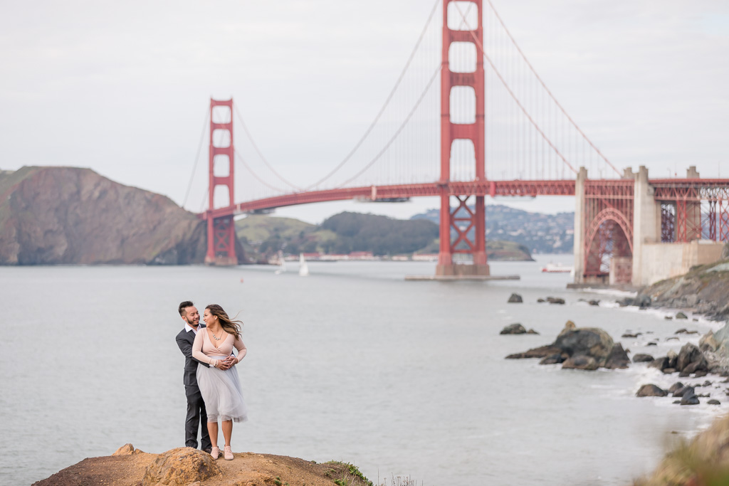 save-the-date photo in front of the iconic bridge