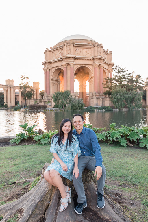 Palace of Fine Arts couple portrait across the lake from the dome