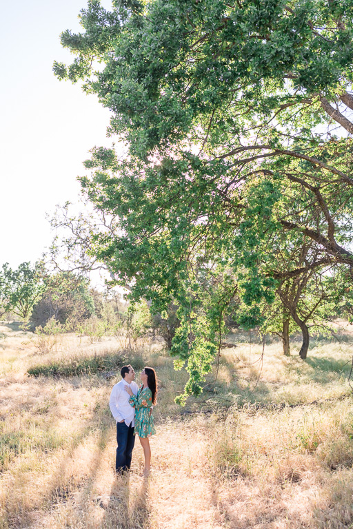engaged couple under the Sycamore Grove Park stunning trees