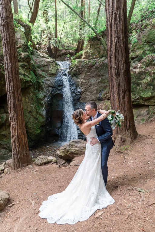 romantic bride and groom wedding portrait by Cascade Falls in Mill Valley
