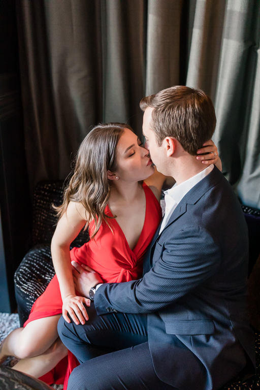 intimate indoor engagement photo at a San Francisco modern artsy hotel