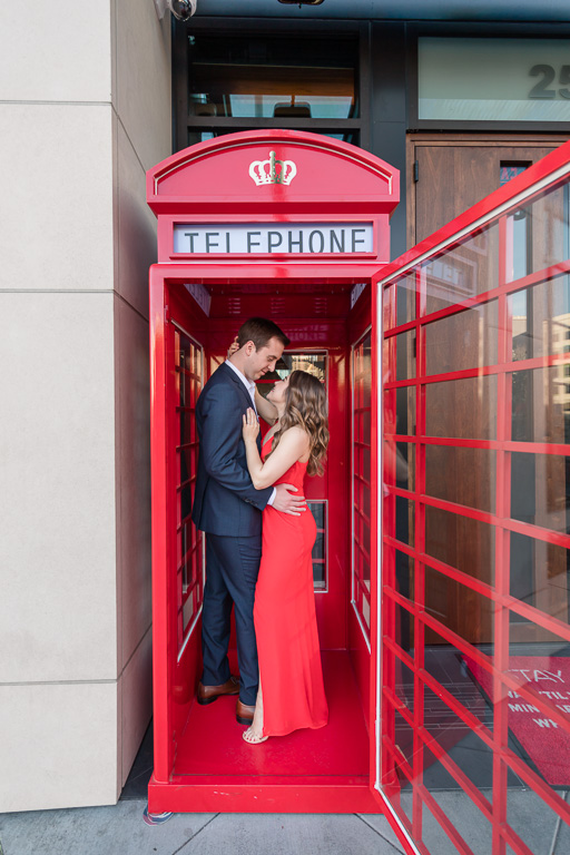 San Francisco engagement photo inside a classic payphone booth