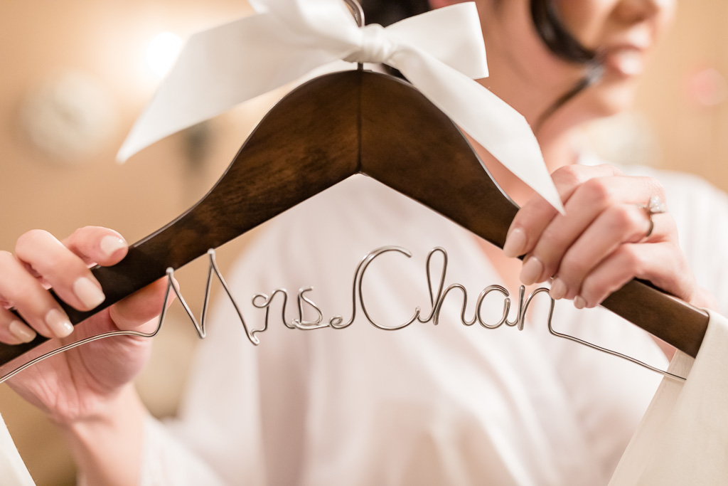 customized wooden hanger with bride's new last name