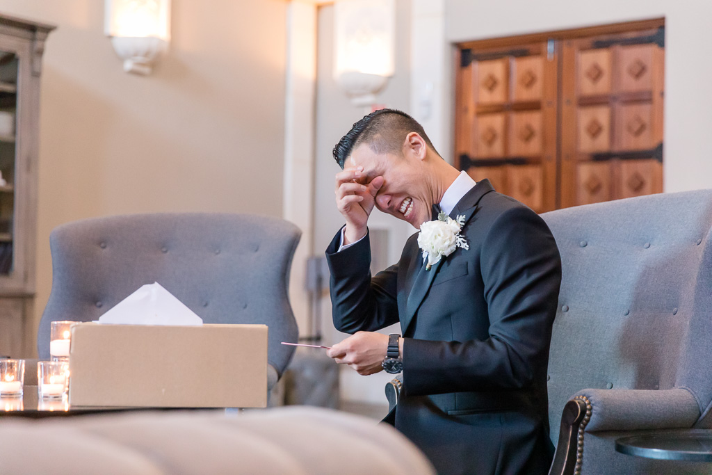 groom got emotional when reading the card from the bride
