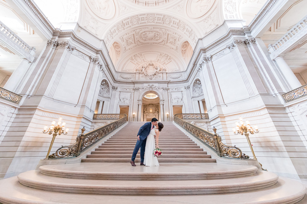 San Francisco city hall staircase wedding photo