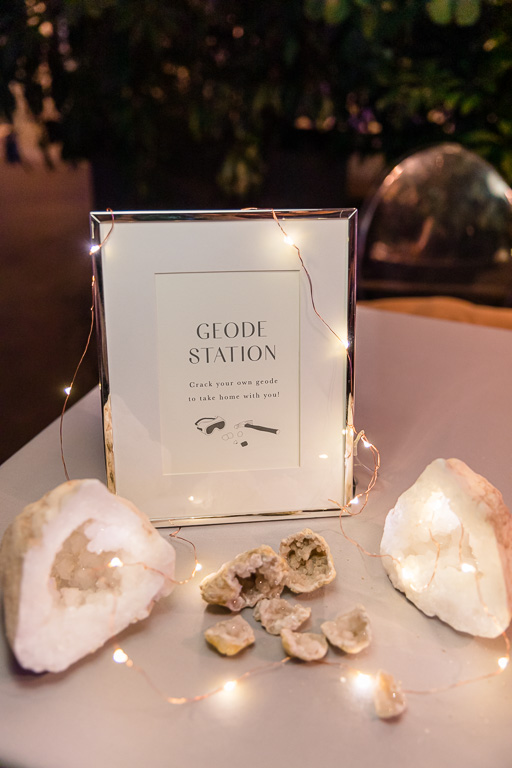 geode station at the wedding reception for guests to enjoy